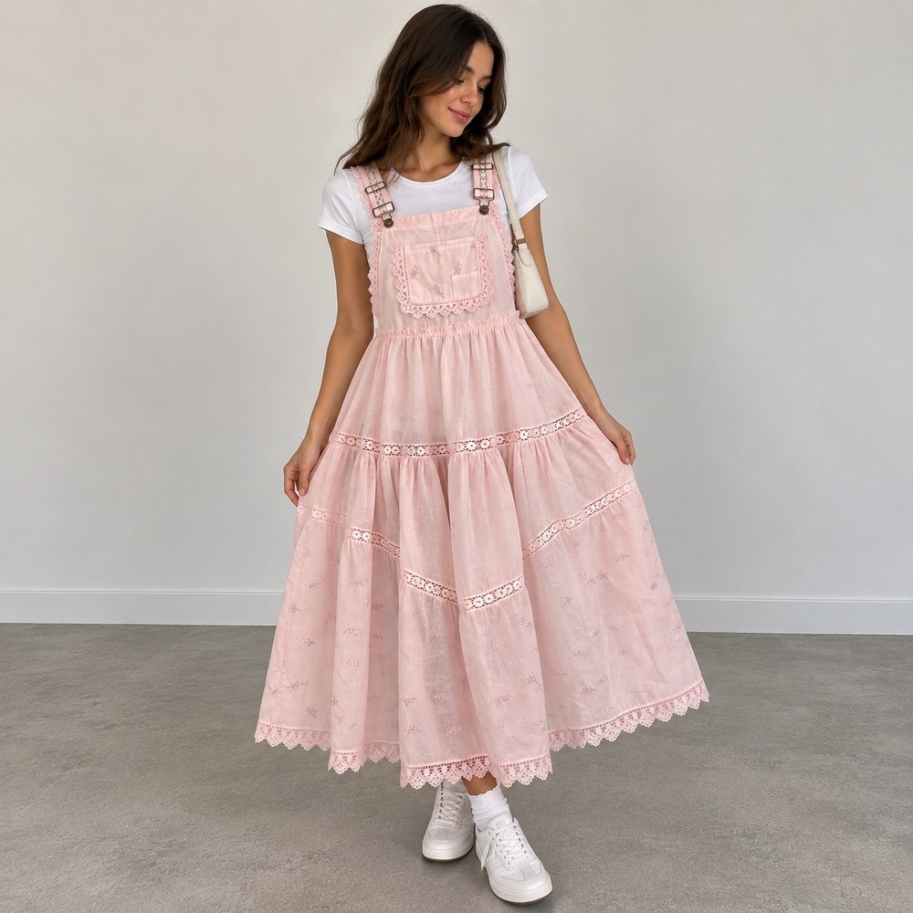 LOVEIMGS Pink Eyelet Lace Boho Cottagecore Overalls Maxi Dress Small
